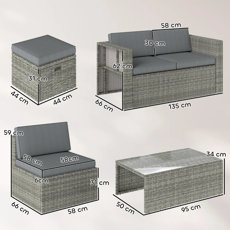 Outsunny Set da Esterno 6pz con Divano, 2 Sedie, Tavolino con Piano in Vetro e 2 Pouf, Grigio Scuro