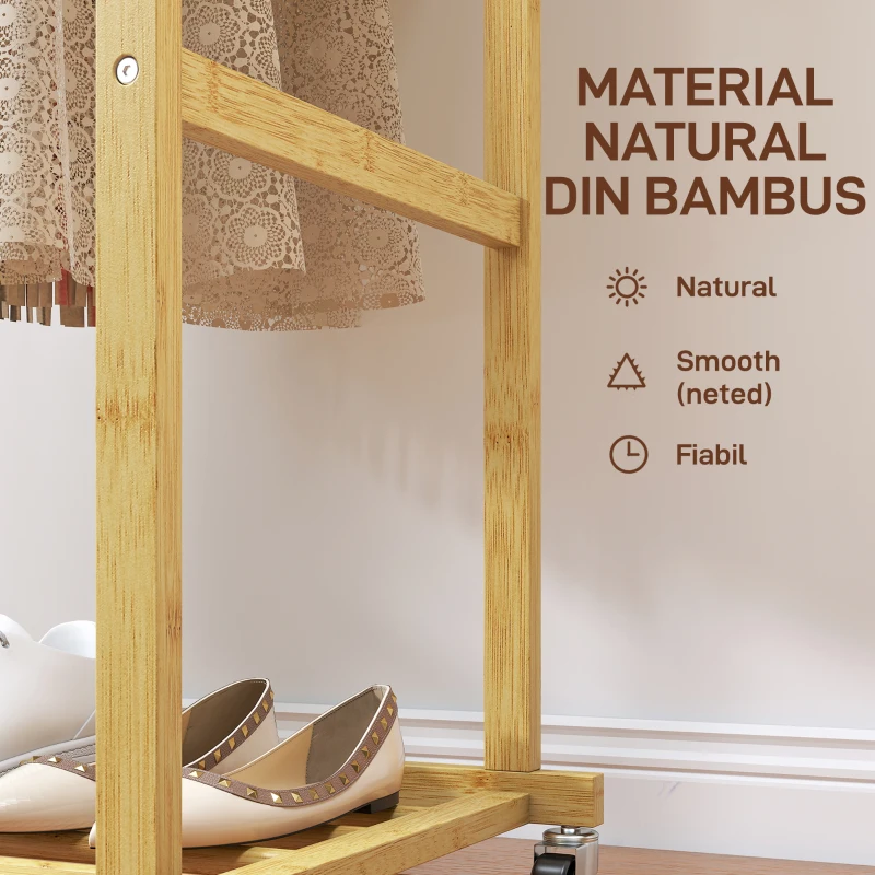 HOMCOM Charriot com Rodas de Bambu com Sapateira 2 Barras para Pendurar para Entrada Corredor Quarto 80x40x160 cm Madeira