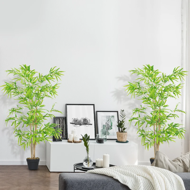 Outsunny Lot de 2 bambous artificiels Hauteur 1,5 m 644 Feuilles denses réalistes Pot Inclus Noir avec Lichen Vert