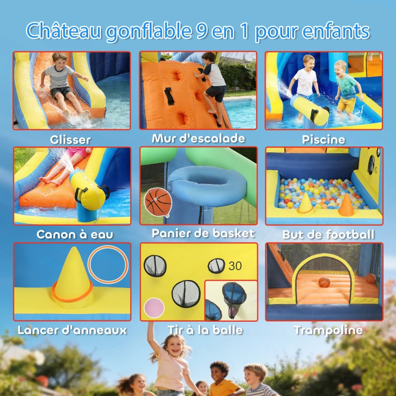 AIYAPLAY Château gonflable avec souffleur 8 en 1, parc aquatique, toboggan, trampoline, piscine à balles, oxford, multicolore