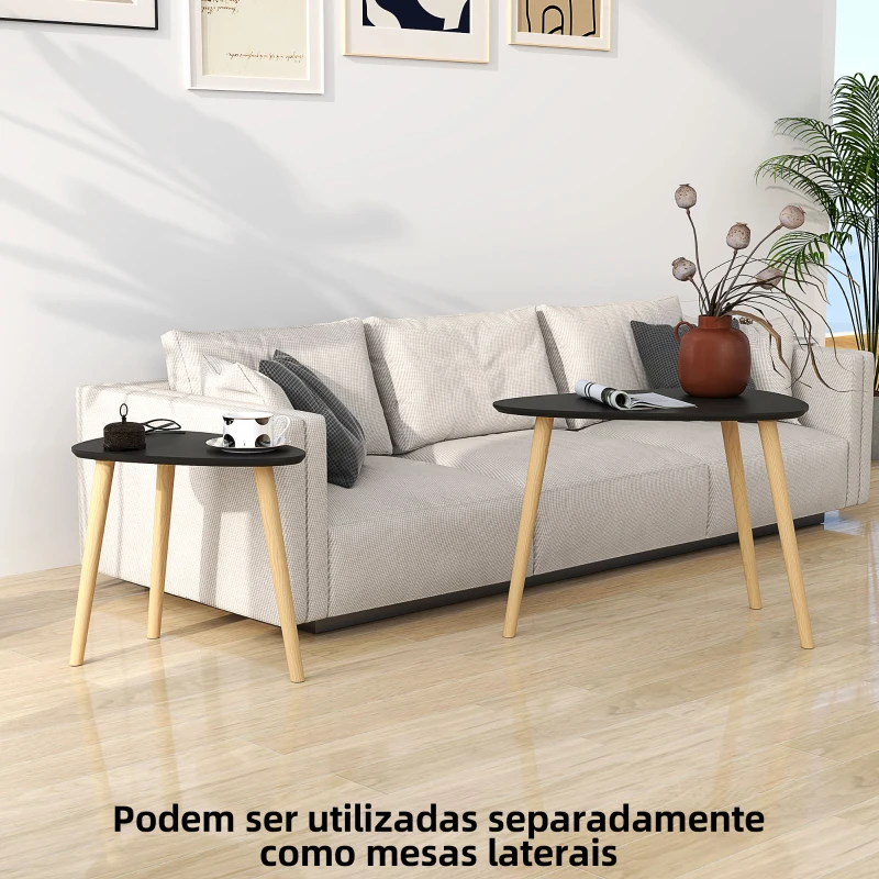 HOMCOM Conjunto de 2 Mesas Auxiliares com Pés de Madeira Mesas de Café 59,5x39,5x45 cm e 44,5x28,5x40 cm  Preto