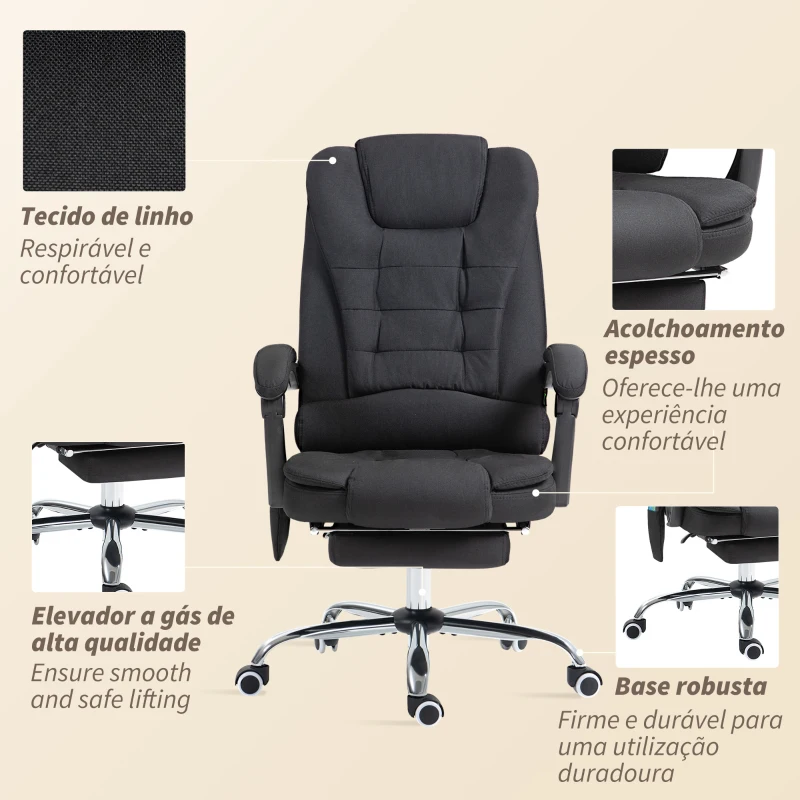 Vinsetto Cadeira de Escritório com 6 Pontos de Massagem Giratória com Encosto Reclinável 135º Função de Aquecimento 65x70x111-119 cm Preto