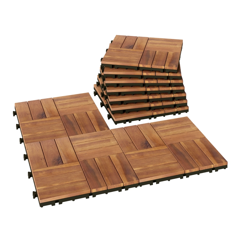 Outsunny Set de 10 bucăți Plăci exterioare din lemn 31x31 cm 0,91 m² Pardoseală grădină exterioară Antiderapante Maro închis