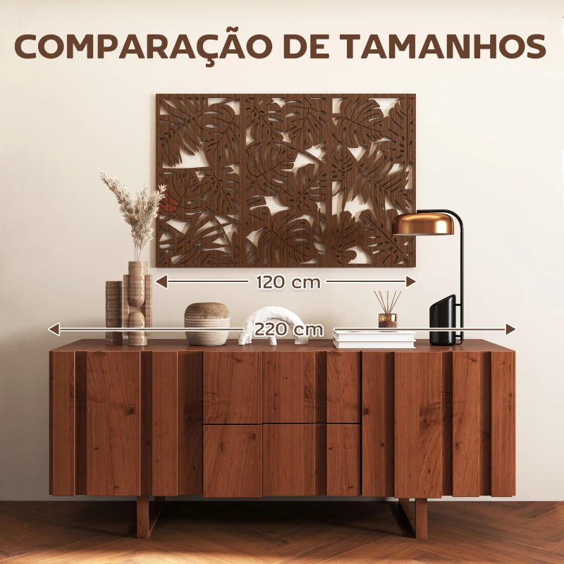 HOMCOM Decoração de Parede em Madeira 3D 3 Peças 40x80 cm Adornos de Parede com Padrão de Folhas Tropicais Nogueira