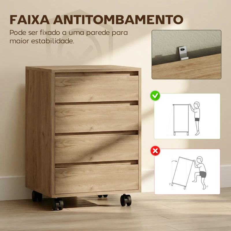 HOMCOM Bloco de Gavetas de Escritório com 4 Gavetas Rodas para Escritório 46x40x65 cm Castanho