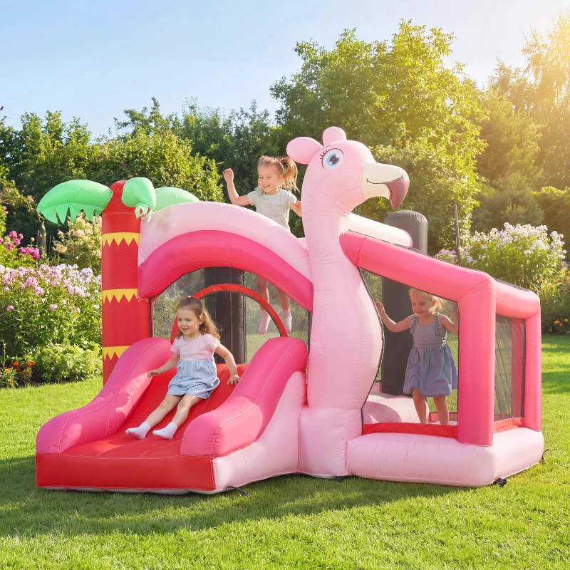 AIYAPLAY Castello Gonfiabile per Bambini con Scivolo, Trampolino, Vasca di Palline e Canestro Basket, 255x230x196 cm, Rosa