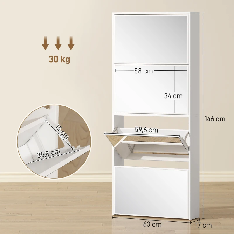 HOMCOM Sapateira Estreita com Espelho 4 Portas Abatíveis para 12 Pares de Sapatos para Espaços Reduzidos 63x17x146 cm Branco