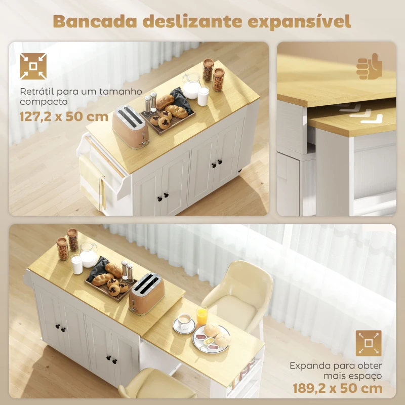 HOMCOM Ilha de Cozinha com Rodas Tampo Extensível Carrinho de Cozinha com 4 Portas Prateleiras Ajustáveis Estante Lateral Aberta Branco