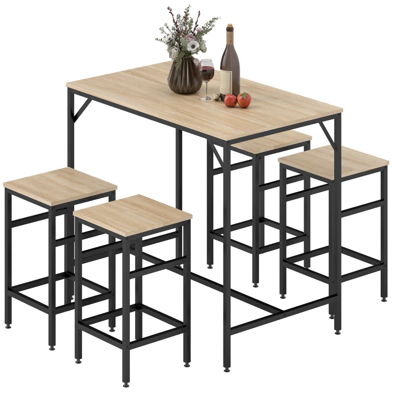 HOMCOM Ensemble Table de Bar Industriel + 4 tabourets Repose-Pieds en Bois couleur Chêne Clair Cadre en métal Noir