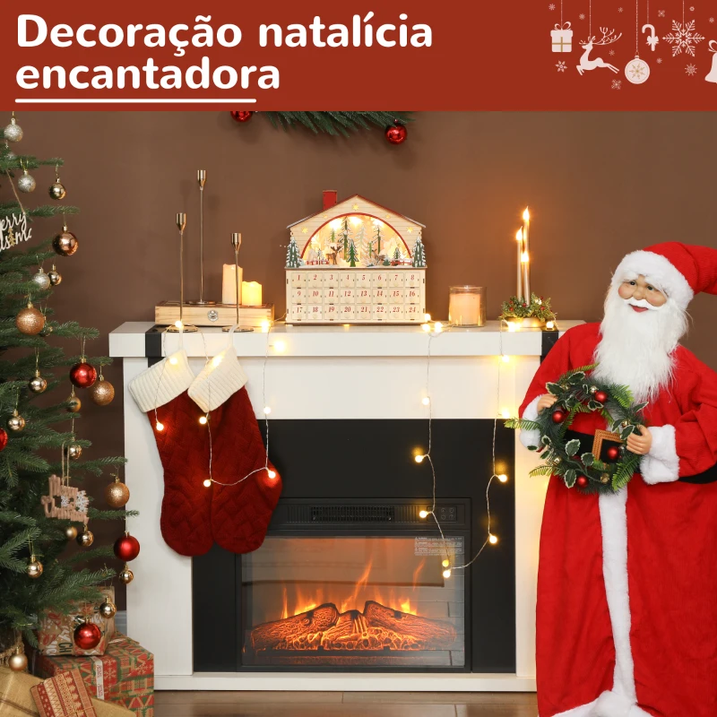 HOMCOM Calendário do Advento em Madeira com Luzes LED e 24 Gavetas Cena de Vila Decoração Natalícia 36x10x34 cm Madeira