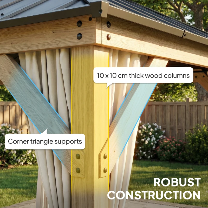 Outsunny 3 x 3 m Outdoor Hardtop Gazebo Canopy with 2-Tier Steel Roof, Wood Garden Gazebo with Curtains, Light Grey