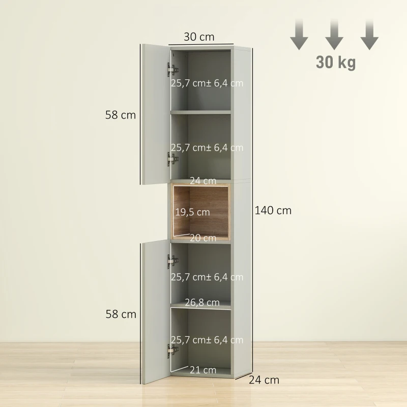 HOMCOM Armario de Baño Alto Estrecha con Estante Abierto y Estantes Ajustables 2 Puertas Acanaladas 30x24x140 cm Verde