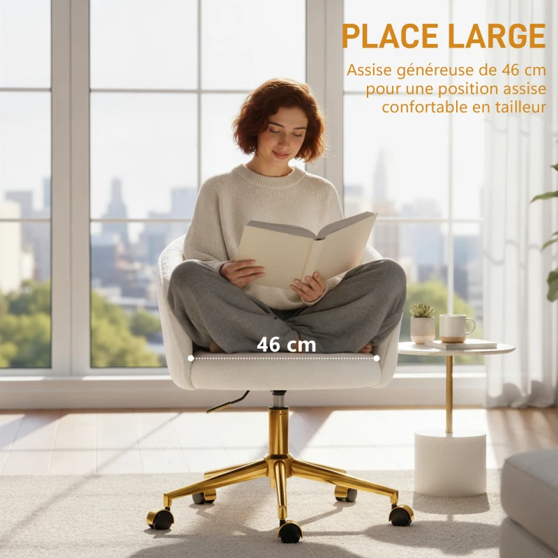 HOMCOM Chaise de bureau, fauteuil de bureau ergonomique réglable en hauteur, siège pivotante, piètement en acier, crème