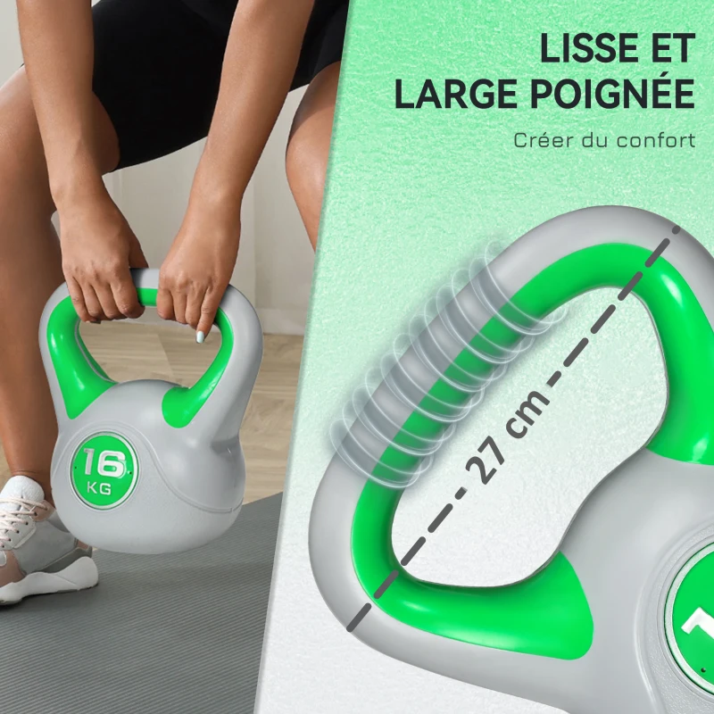 SPORTNOW Kettlebell 16 kg, Haltère avec Poignée Ergonomique, Haltère à Boule, Musculation, Entraînement, 27 x 17 x 31 cm, Vert