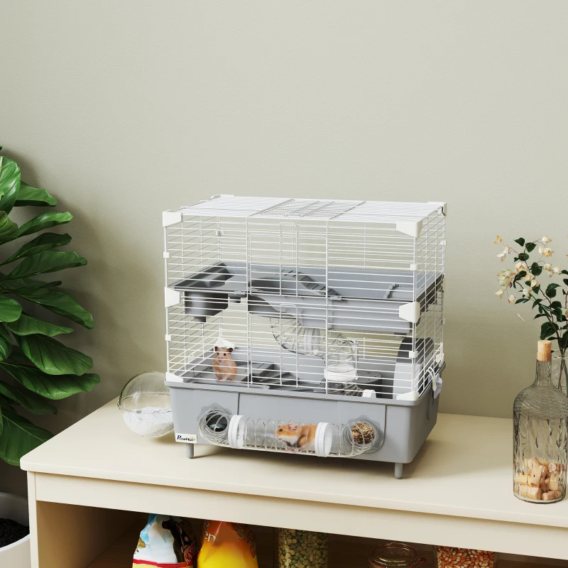 PawHut Cage pour hamster  à 2 niveaux avec roue de course salle de bain en sable pour hamster nain 44,5 x 28 x 44 cm gris