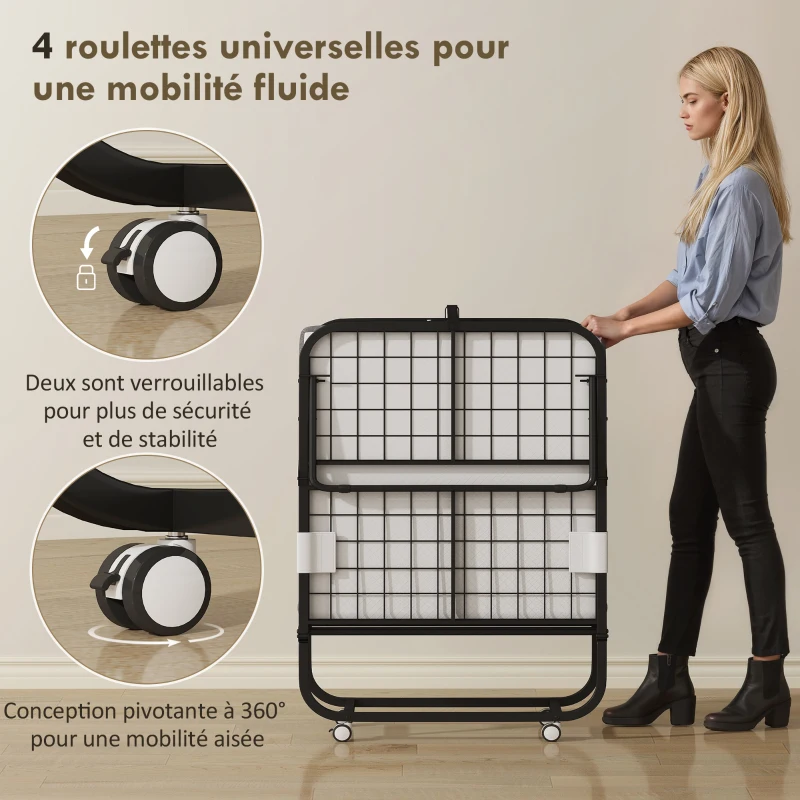 HOMCOM Lit pliant 1 personne 200 x 80 cm avec matelas, lit d'appoint pliable et portable sur roulettes, cadre en acier, blanc