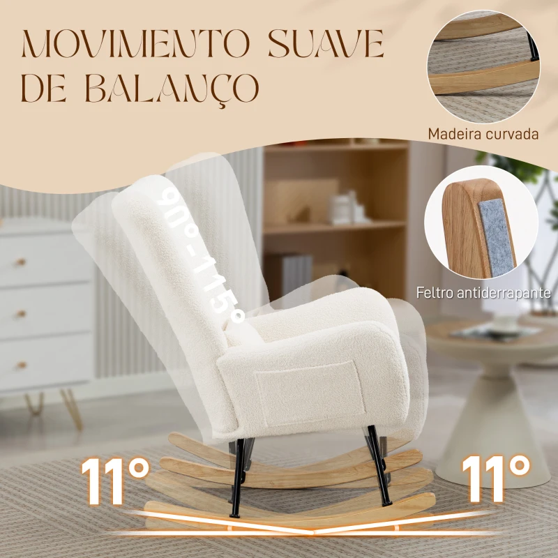 HOMCOM Poltrona Baloiço em Borrego Poltrona para Amamentação com Encosto Acolchoado Almofada e Base de Madeira de Borracha 67x82x100 cm Creme