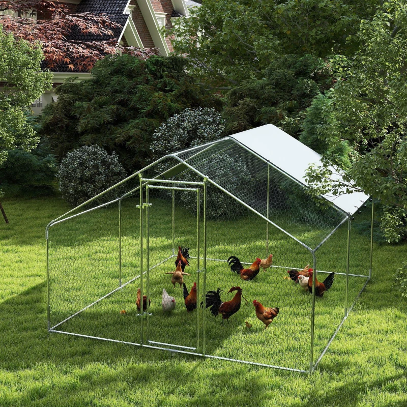 PawHut Poulailler, grand poulailler en métal avec couverture imperméable et anti-UV, cage pour 10-15 poules, 3 x 3,4 x 1,9m