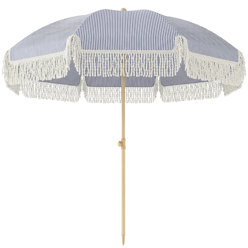 Outsunny 1.7 m Beach Umbrella with Sand Anchor, 30° Tilting Fringed Beach Garden Parasol with Adjustable Height, Blue