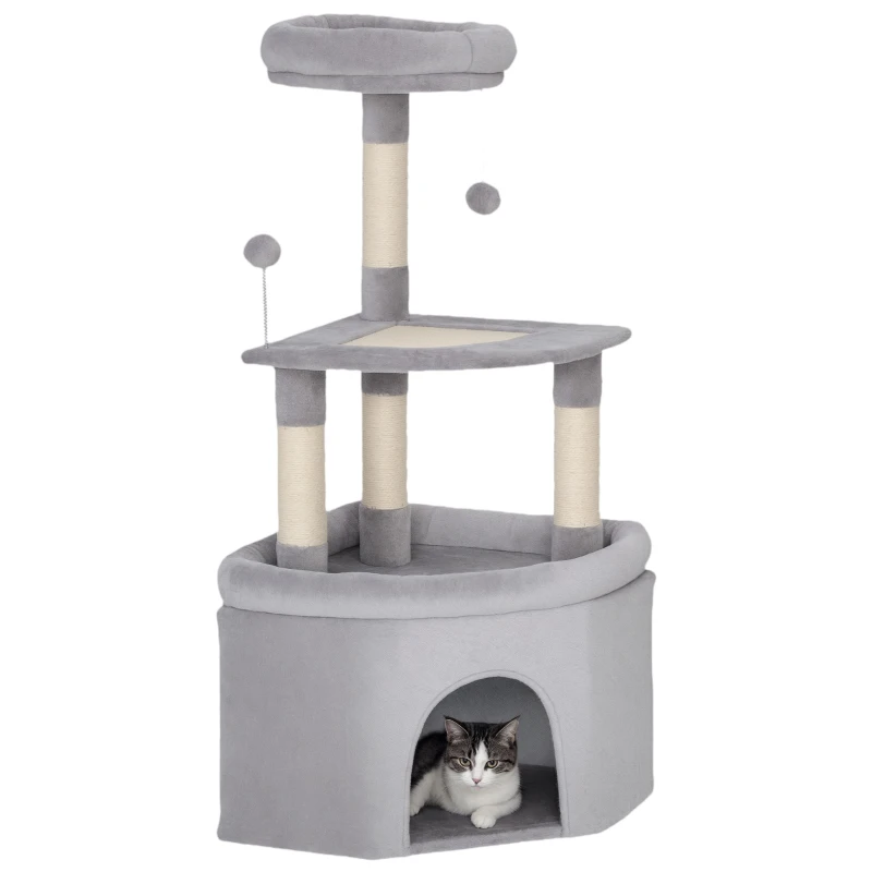 PawHut Arbre à chat tour de jeux pour chats griffoirs sisal, plate-forme, niche, tissu peluche, balles, 49x49x114cm gris clair