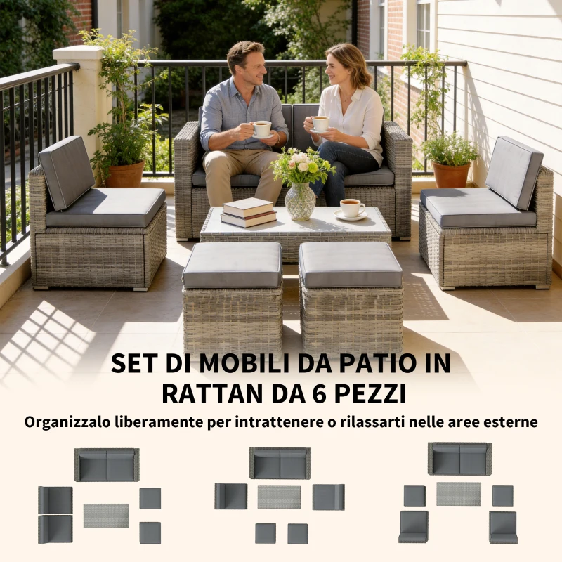 Outsunny Set da Esterno 6pz con Divano, 2 Sedie, Tavolino con Piano in Vetro e 2 Pouf, Grigio Scuro