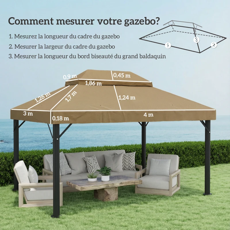Outsunny Toile de rechange pour pavillon toile de tonnelle 4 x 3 m, double toit avec trous de drainage, polyester 370 g/m², beige