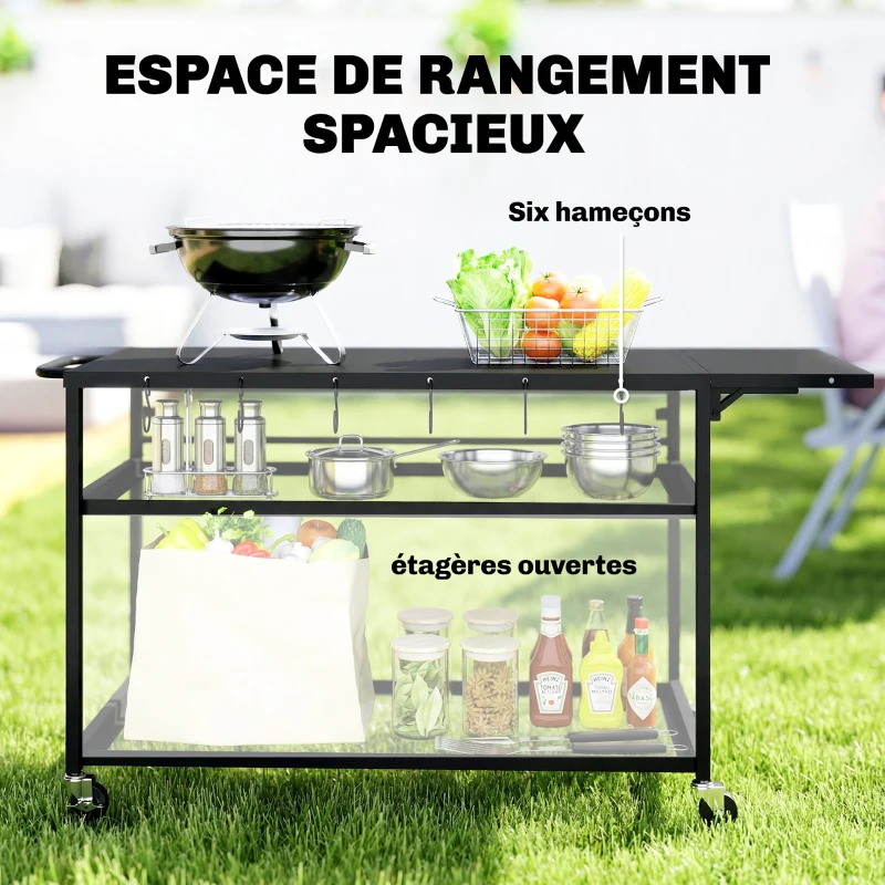 Outsunny Desserte jardin chariot de barbecue sur roulettes avec Plateau Latéral Pliable, Trois Étagères, 133 x 48,5 x 82 cm, Noir
