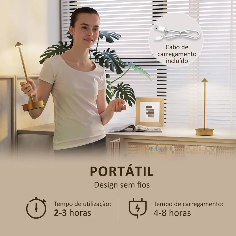 HOMCOM Conjunto de 2 Candeeiros de Mesa Recarregáveis por USB Reguláveis com Controlo Táctil 3000K/4500K/6500K Ø10x30 cm Dourado