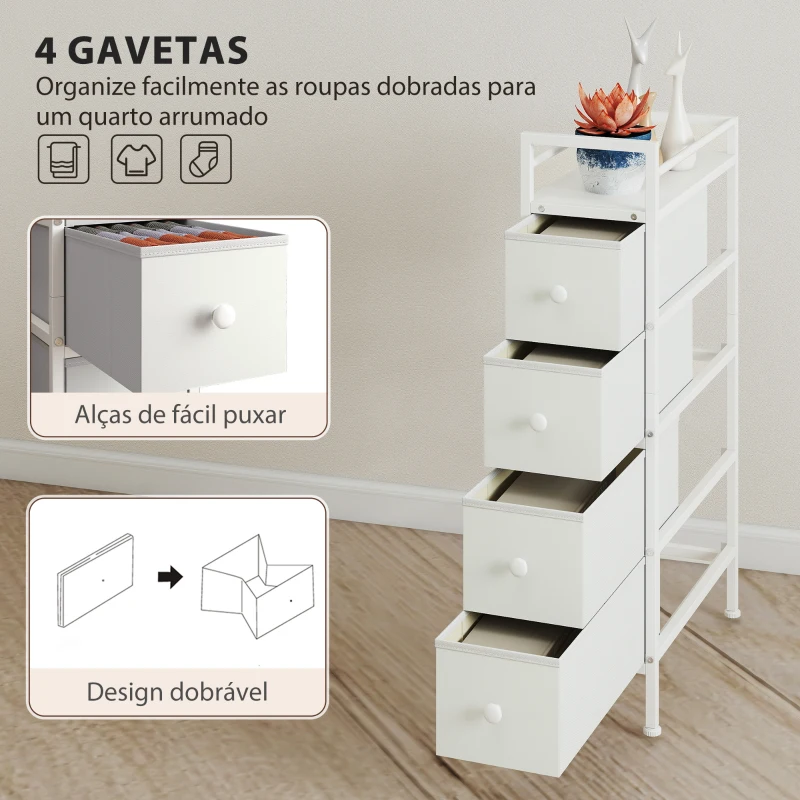 HOMCOM Móvel de Arrumação Estreito com 4 Gavetas de Tecido para Espaços Pequenos 20x43x81,5 cm Branco