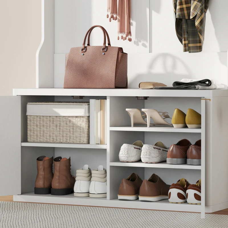 HOMCOM Móvel Cabide de Entrada com Sapateira Prateleiras Abertas e 6 Ganchos Estilo Moderno 100x38x172 cm Branco