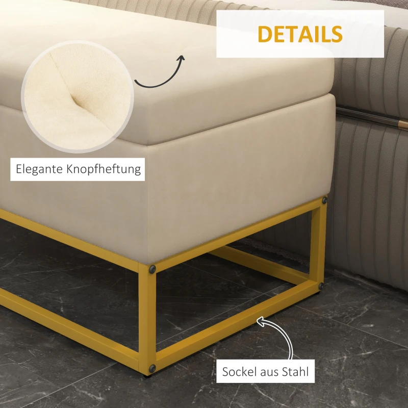 HOMCOM Sitzbank mit Stauraum, dekorative Knopfheftung, Flanelloptik, goldfarbene Stahlbeine, 110 x 47 x 46,5 cm