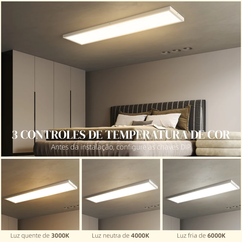 HOMCOM Conjunto de 4 Candeeiros de Teto Reguláveis em Cor com Interruptor DIP e de Parede 3000K/4000K/6000K 120x30x3,7 cm Branco