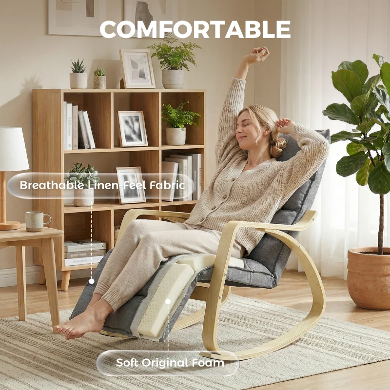 HOMCOM Schommelstoel met verstelbare voetensteun, gevoerde relaxstoel, Grijs