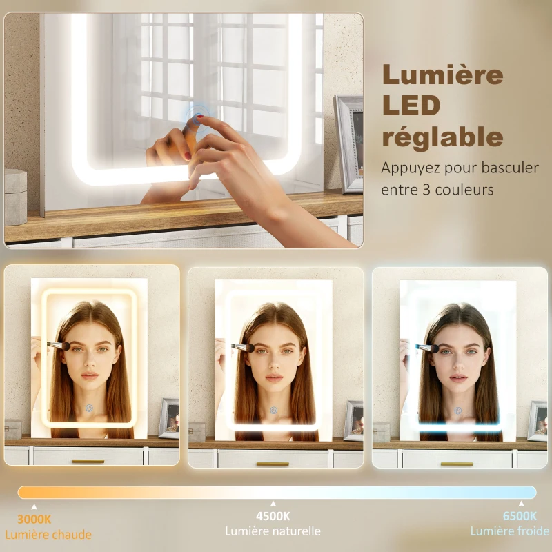 HOMCOM Coiffeuse avec miroir et lumières LED 3 couleurs, table de maquillage 10 tiroirs en tissu, 118,5 x 39,5 x 140 cm naturel