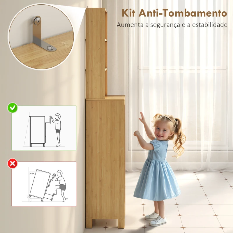 HOMCOM Coluna Casa de Banho de Bambu com 3 Prateleiras Abertas Portas de Ripas Prateleiras Ajustáveis 34x30x170 cm Madeira