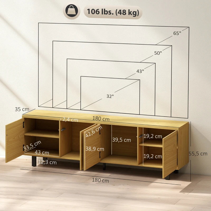 HOMCOM Meuble TV 180 cm, meuble télé pour 82 pouces avec 4 portes à ouverture par pression 180x35x55,5cm bois naturel