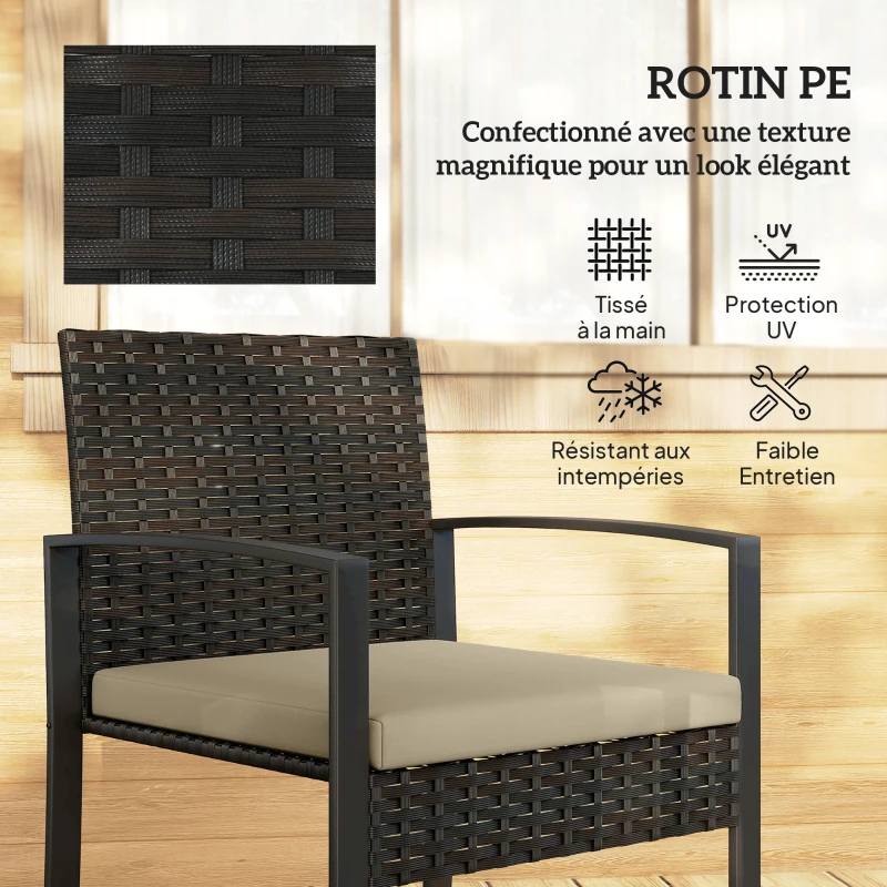 Outsunny Salon de jardin extérieur en résine tressée 2 personnes, table de jardin avec 2 chaises, plateau en verre trempé, marron