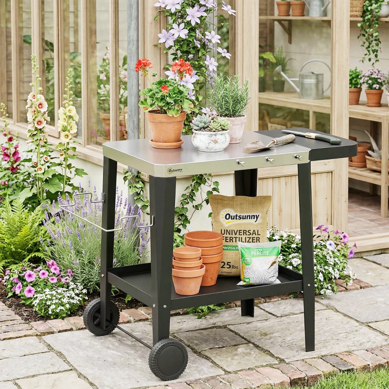 Outsunny Desserte Jardin 2 Niveaux Plateau en Inox avec Table Latérale Pliable et Roulettes, 115x67,5x80,5cm, Noir