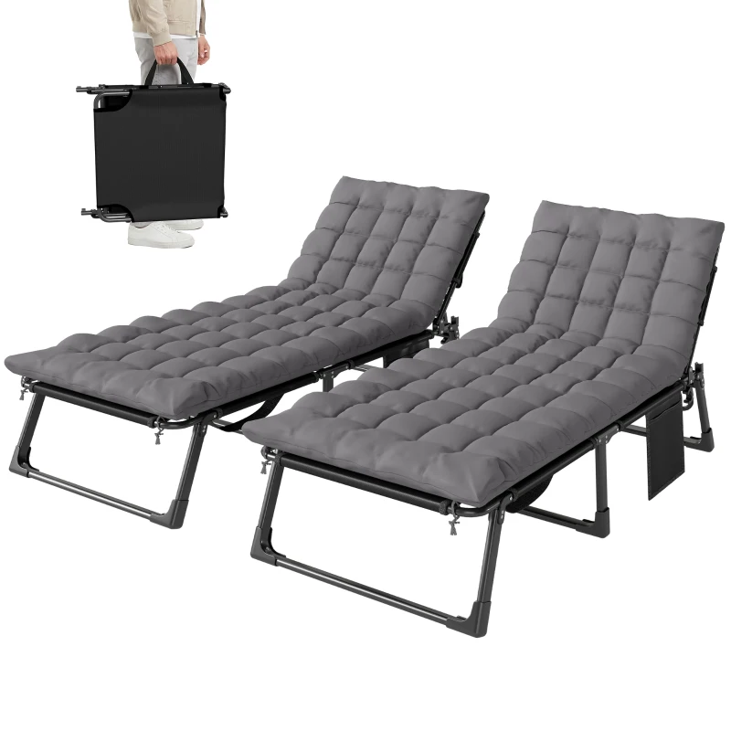 Outsunny Folding Sun Loungers for Garden Set of 2, 5-Position Oversized Camping Bed Recliner with Cushions, Dark Grey