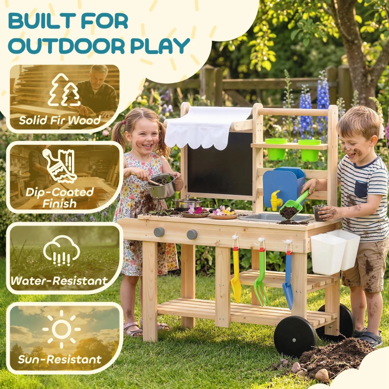 AIYAPLAY Mud Kitchen with Real Water Faucet Pretend Play Kitchen Playset with Sink and Storage Natural Wood