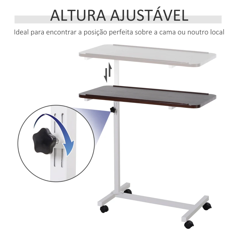 HOMCOM Mesa Auxiliar com Rodas para Sofá e Cama Altura Ajustável e Estrutura de Aço 77x40x76-100 cm Nogueira Escura