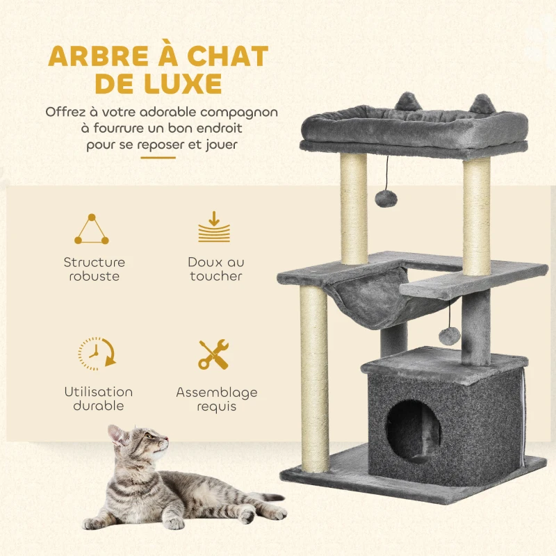 PawHut Arbre à chat avec griffoir, en tissu peluche, tour de jeux pour chat, lit, niche, hamac, plateforme 48 x 48 x 90 cm gris