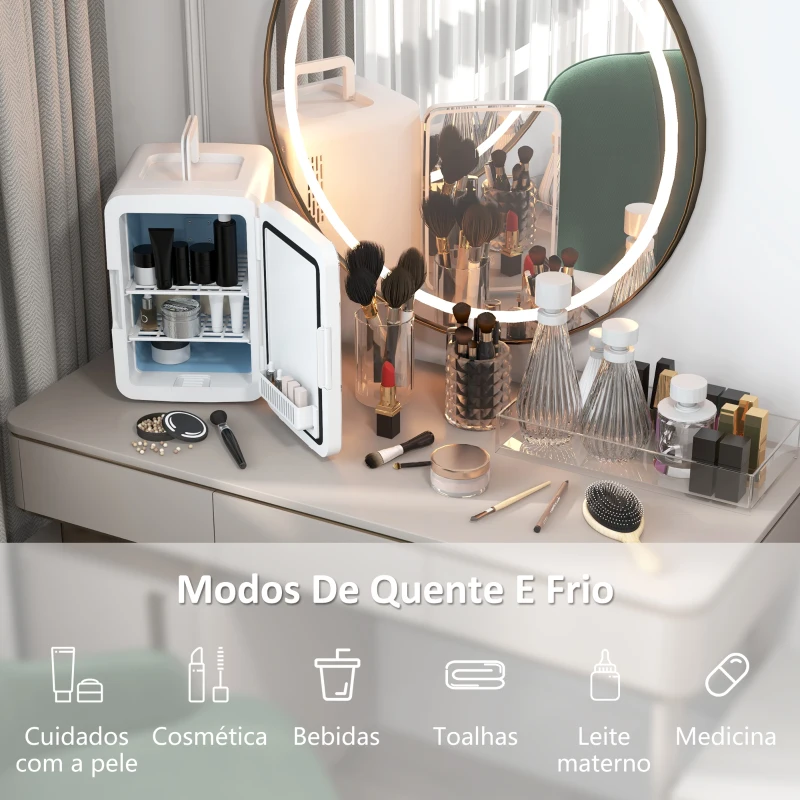 HOMCOM Mini Frigorífico para Cosméticos 10L 12V/240V para Arrefecer e Aquecer com Espelho de Luzes LED  23,5x28x34 cm Branco