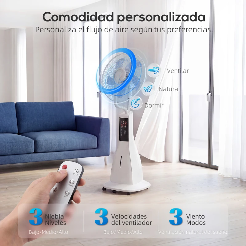 HOMCOM Ventilador Nebulizador 90W Oscilación de 75° 3 Velocidades 5 Aspas Depósito de Agua de 3L 5 Ruedas Control Remoto
