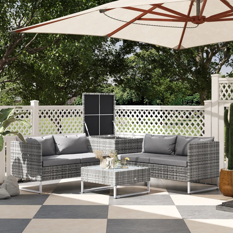 Outsunny Ensemble salon de jardin d'angle 4 places coussins déhoussables table basse coffre rangement acier époxy résine tressée