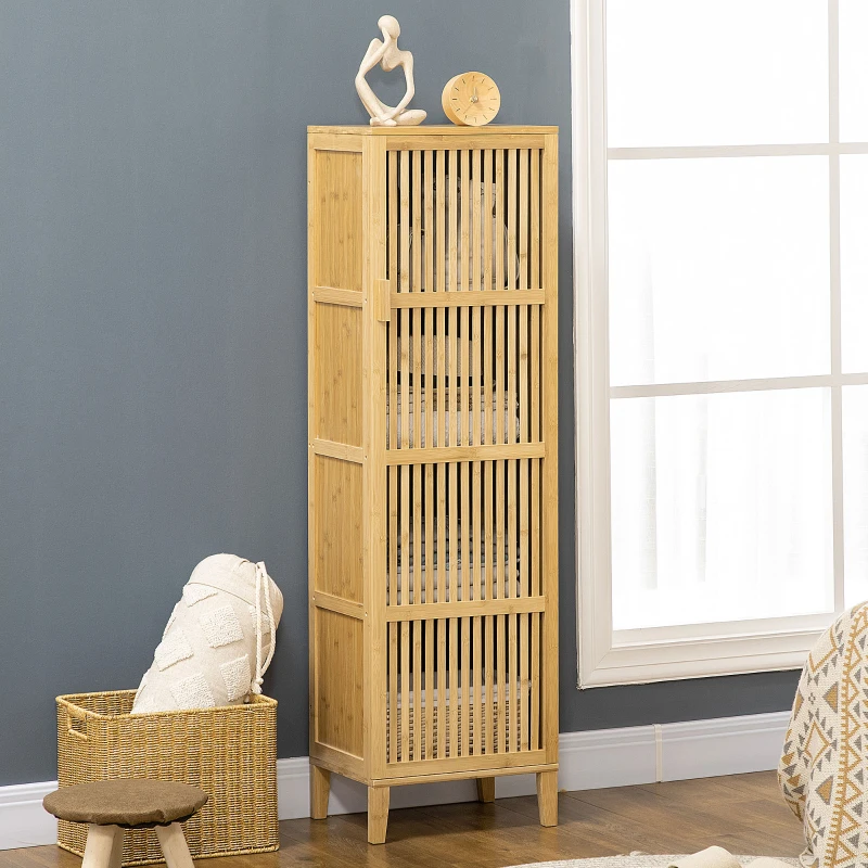 HOMCOM Meuble de rangement en bambou avec étagères et porte design à lamelles pour salle de bain chambre salon 40 x 30 x 140 cm