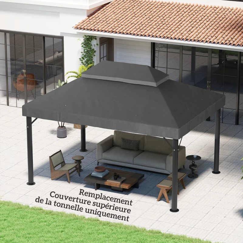 Outsunny Toile de rechange pour pavillon toile de tonnelle 4 x 3 m, double toit avec trous de drainage, polyester 370 g/m², gris