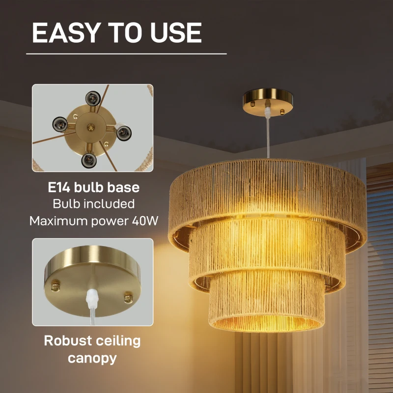 HOMCOM Hemp Rope Ceiling Light, 3-Layer Boho Pendant Light, 4 x E14 Vintage Ceiling Lamp Fixtures for Living Room, Bedroom, Kitchen, Hallway, Light Brown