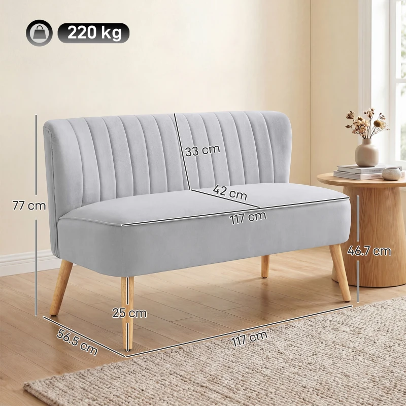 HOMCOM Modern Velvet Double Seat Sofa w/ Wood Frame Foam Padding Soft Comfortable Compact Couch Light Grey