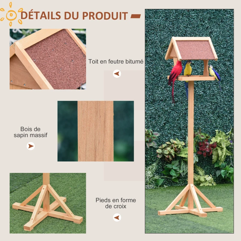 PawHut Mangeoire oiseaux extérieur sur pied, toit résistant aux intempéries, bois massif, 55 x 55 x 144 cm, bois naturel